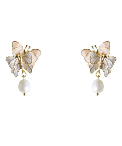 Colorblock Sterling Silver Overgild Pearl Butterfly Drop Earrings