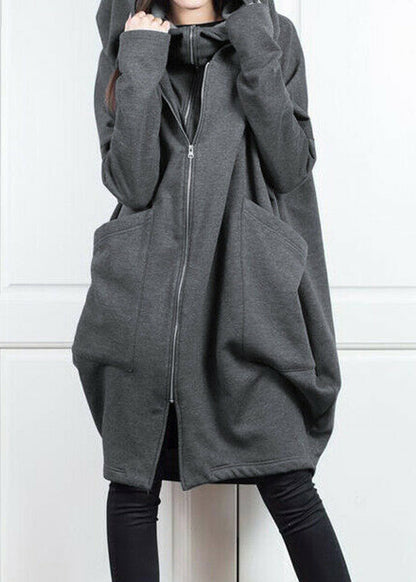 Loose Grey False Two Pieces Patchwork Cotton Hooded Coat Fall