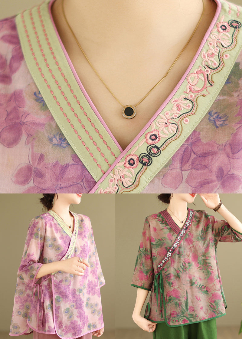 Green V Neck Print Top Bracelet Sleeve