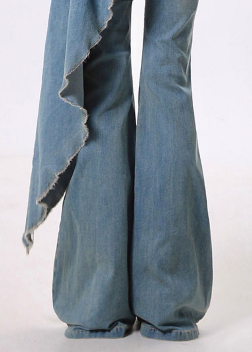 Blue Asymmetrical Patchwork Denim Flared Trousers Pants Spring