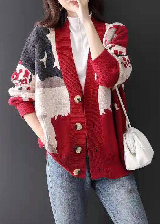 Red V Neck Jacquard Cozy Cashmere Cardigan Spring
