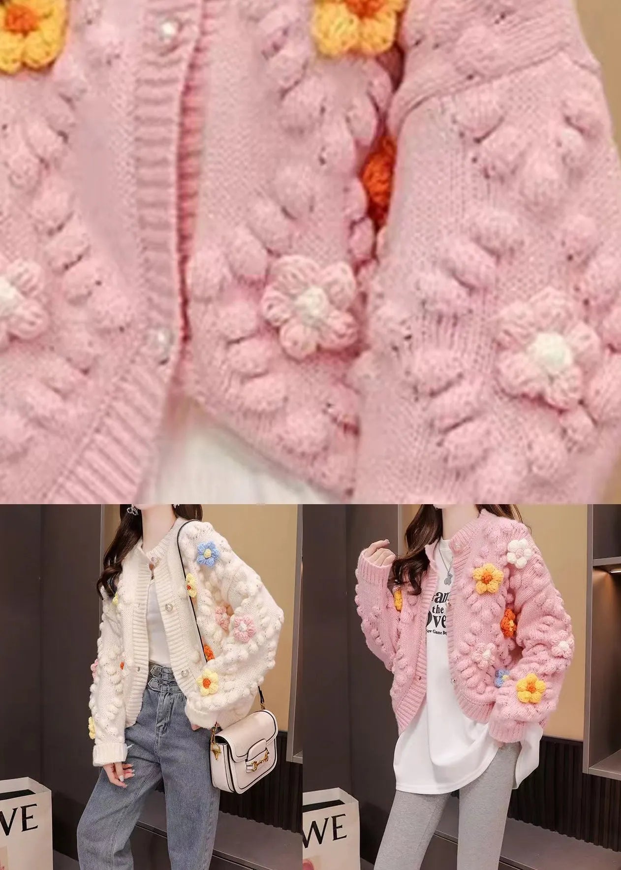 French Pink O Neck Patchwork Knit Cardigan Fall