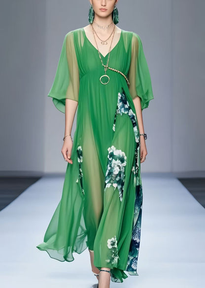 Fine Tea Green Print Draping Chiffon Dresses Summer