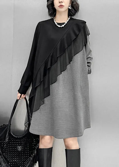 Grey O-neck Tulle Patchwork Cotton Knit Long Sweater Dress Lantern Sleeve
