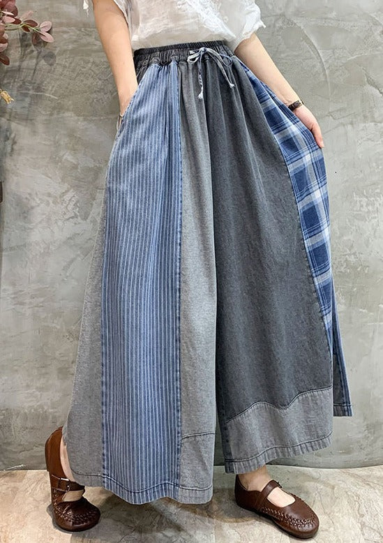 Drawstring Elasticity Plaid Split-joint Ninth Denim Pants