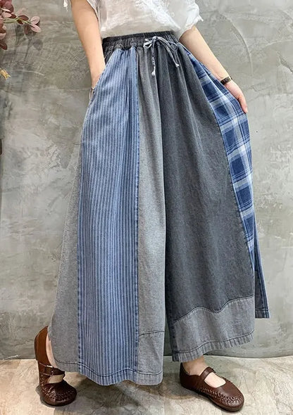 Drawstring Elasticity Plaid Split-joint Ninth Denim Pants