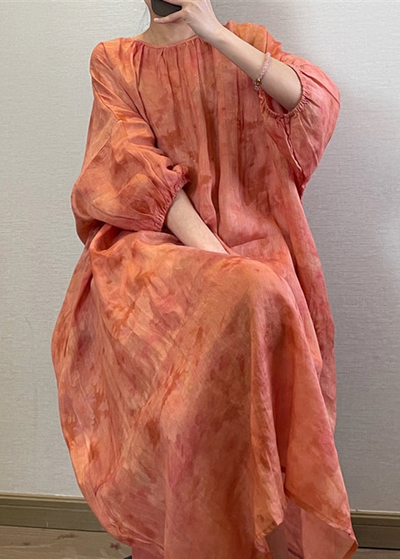 Boutique Orange O-neck Print Maxi Dresses Long Sleeve