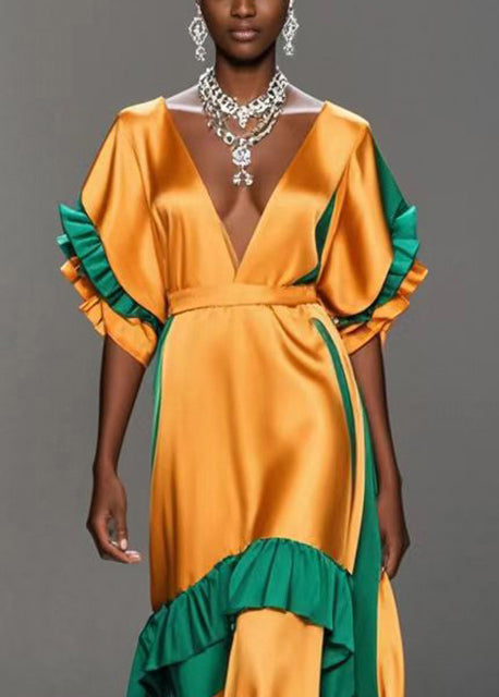 Yellow V Neck Patchwork Ruffles Silk Party Dress Summer