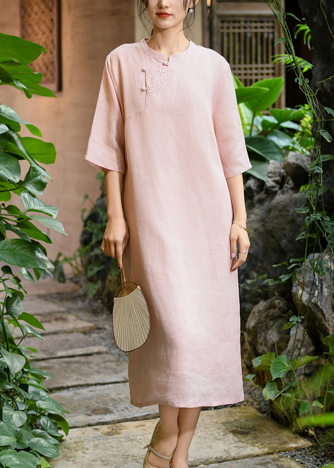 Pink Stand Collar Embroidered Linen Dresses Half Sleeve