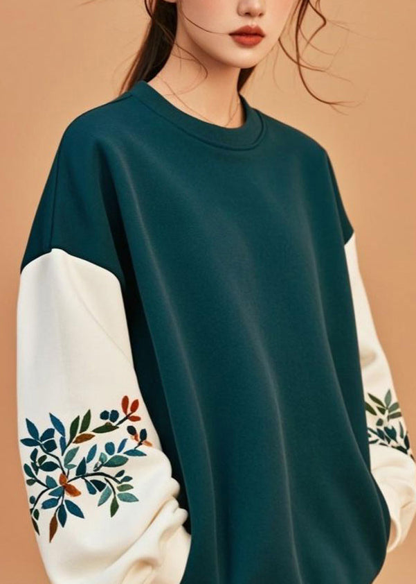Green O-neck Patchwork Sweatshirt Top Fall