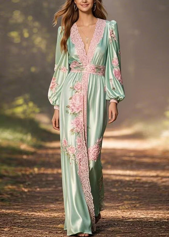 Green V Neck Print High Waist Silk Long Dress Spring