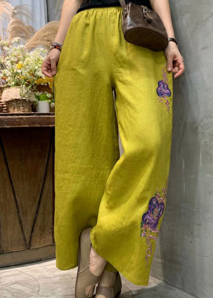 Yellow Embroidered Linen Wide Leg Pants Summer