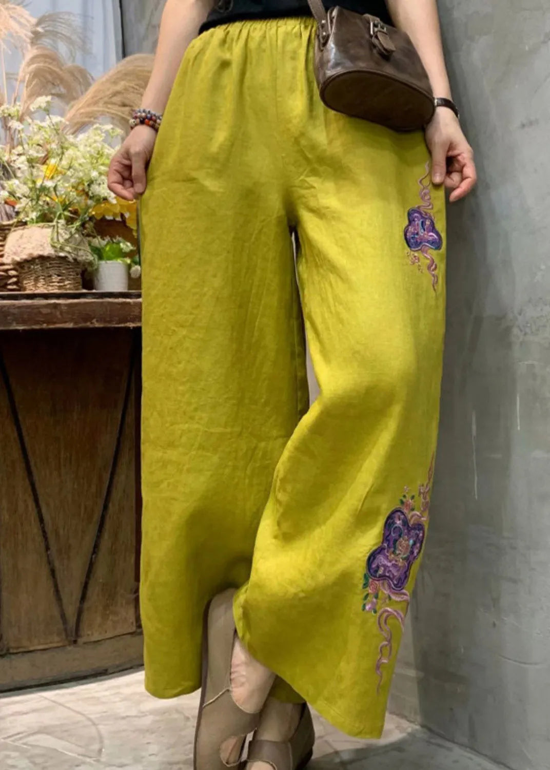 Yellow Embroidered Linen Wide Leg Pants Summer