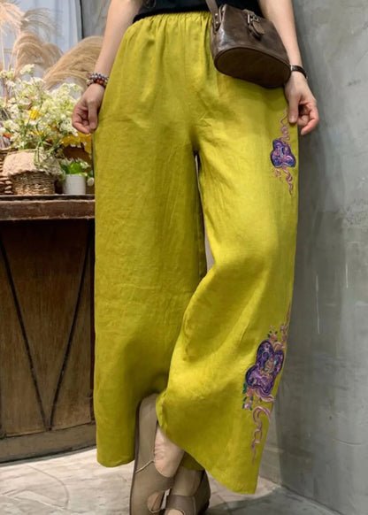 Yellow Embroidered Linen Wide Leg Pants Summer