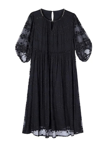 Black Embroidered Silk Long Dresses Bracelet Sleeve