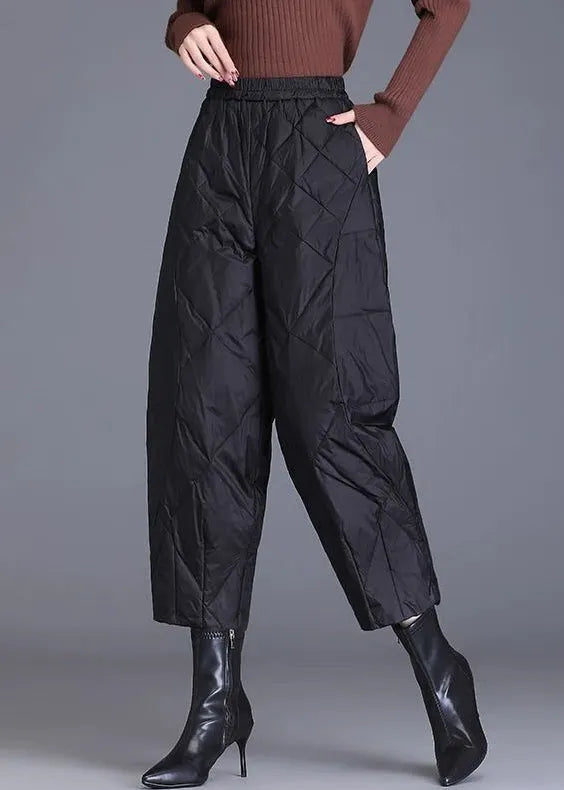 Black Plaid Fine Cotton Filled Crop Pants Elastic Waist