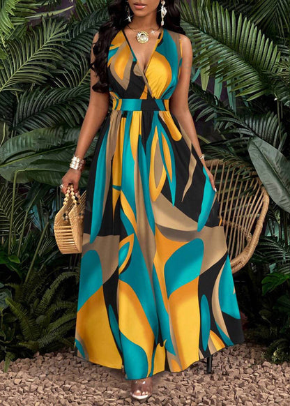 V Neck Print Wrinkled Cotton Dress Sleeveless