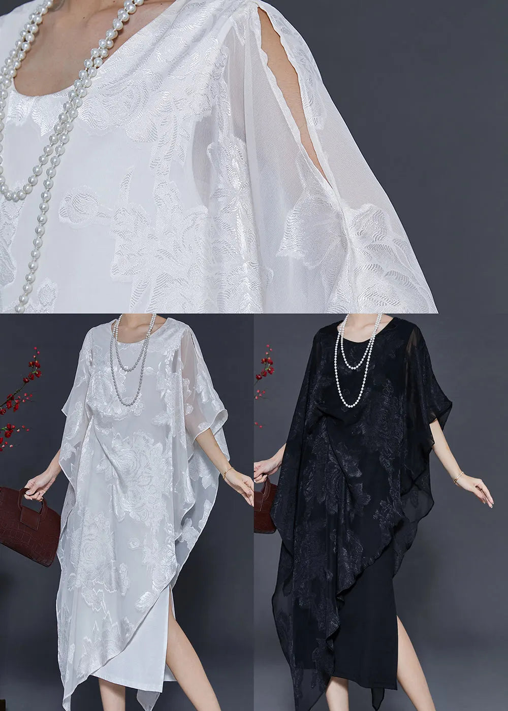 Black Cold Shoulder Jacquard Silk Dresses Summer