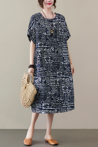 - New Cotton Linen Short Sleeve Dress Printed Long Dress