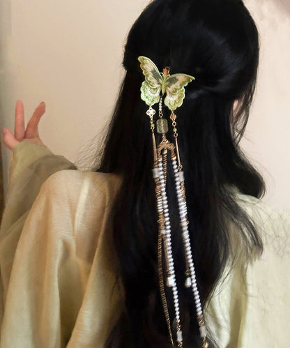 Chinese Style Green Copper Butterfly Embroidery Beading Tassel Hairpin