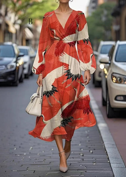 Boutique V Neck Print Wrinkled Puff Sleeve Chiffon Long Dress