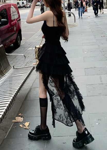 Black Sequins Lace Low High Design Dress Sleeveless