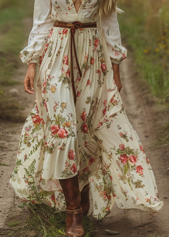 V Neck Print Long Sleeve Pastoral Dress
