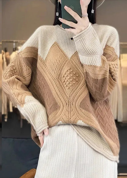 Camel Cozy Patchwork Woolen Knit Pullover Sweaters Spring