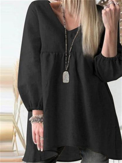 Color V-neck Large Size Cotton Linen Irregular Dresses