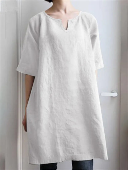 Color V-neck Cotton Linen Shoulder Insert Medium-sleeved Temperament A-line Dresses