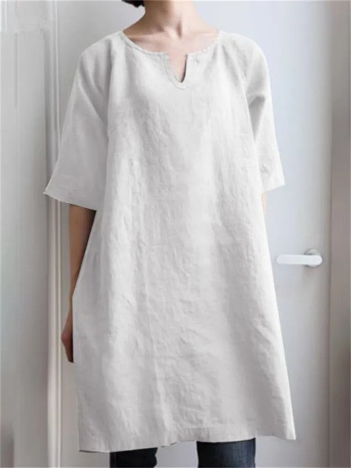 Color V-neck Cotton Linen Shoulder Insert Medium-sleeved Temperament A-line Dresses