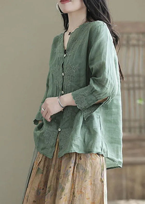 Aqua Green Patchwork Linen Shirt Embroidered Half Sleeve