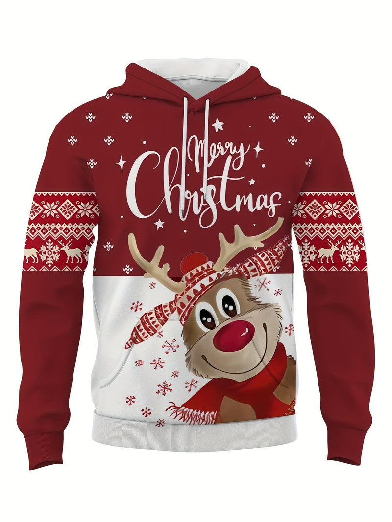 Hoodie with Christmas Print Polyester Merry Christmas Reindeer Design