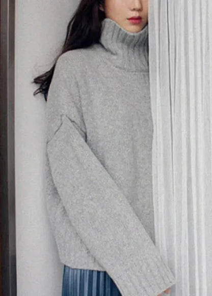 Blue Cozy Thick Knitted Cotton Sweater Turtleneck