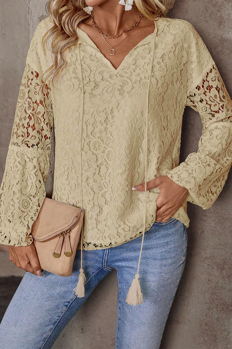 Color Lace Fringed Trim Hollow Out V Neck Tops(4 Colors)