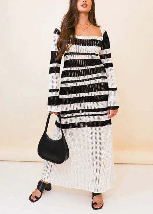 Contrasting Color U-neck Hollow Out Knit Cover Up