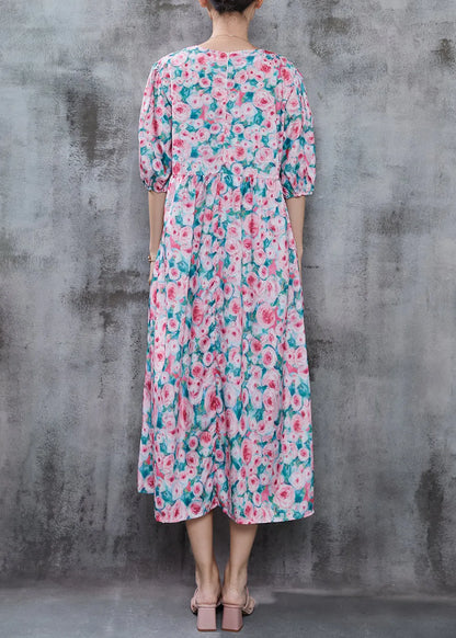 French Pink Print Cotton Long Dress Summer