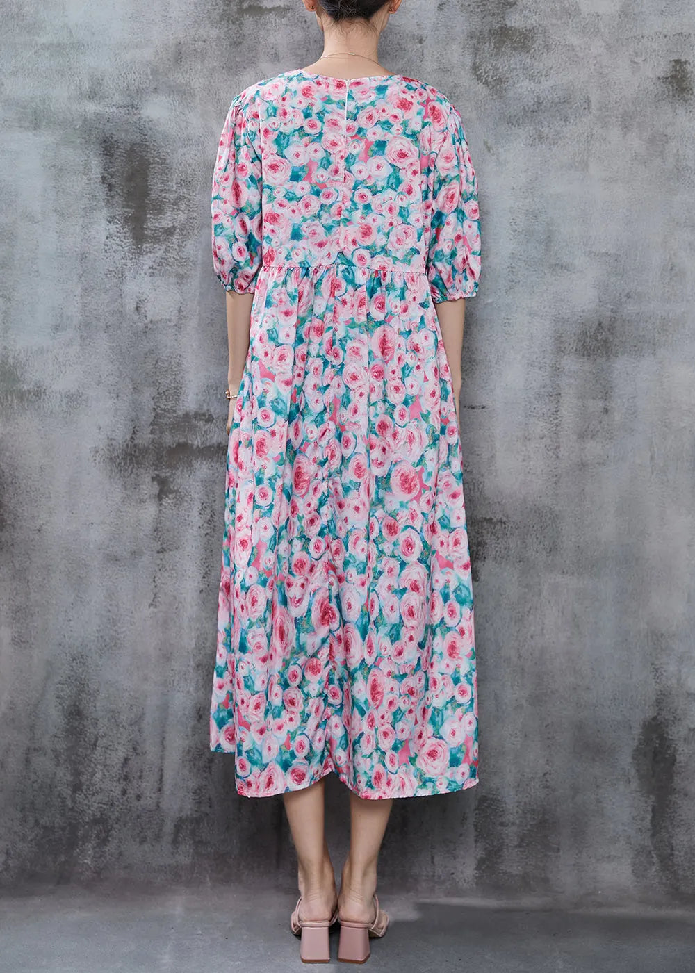 French Pink Print Cotton Long Dress Summer