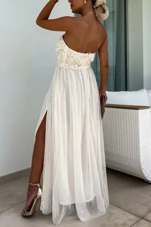 Romance and Lightness Tulle Texture Pleated Patchwork Strapless Slit Maxi Dress