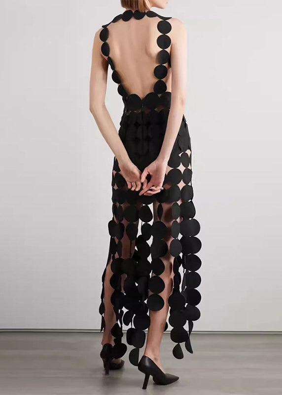 Black Hollow Out Backless Cotton Spaghetti Strap Dress Sleeveless