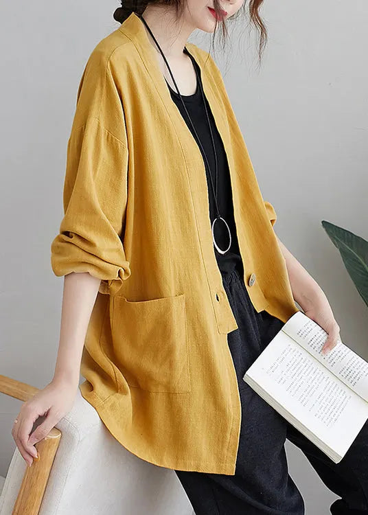 Yellow V Neck Pockets Patchwork Cotton Cardigan Fall