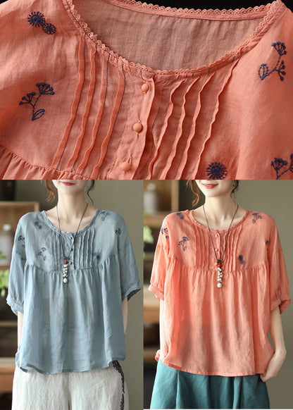 Orange O-neck Embroidered Linen Tops Half Sleeve