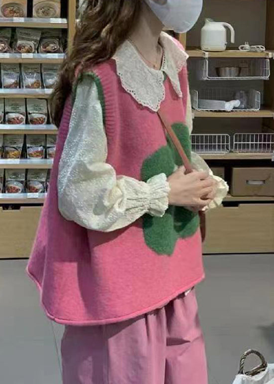 Italian Pink O Neck Patchwork Knit Vest Sleeveless