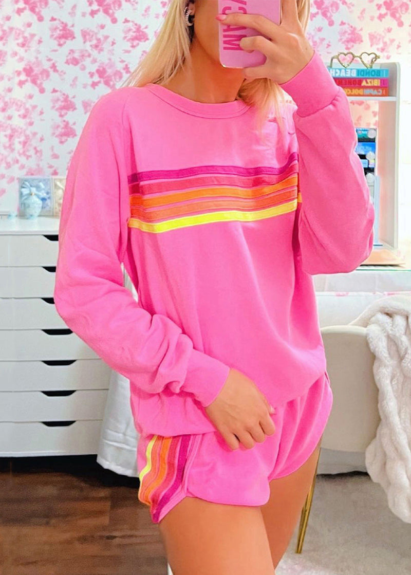 Loose Pink Striped T Shirt and Shorts Cotton Two Pieces Set Spring