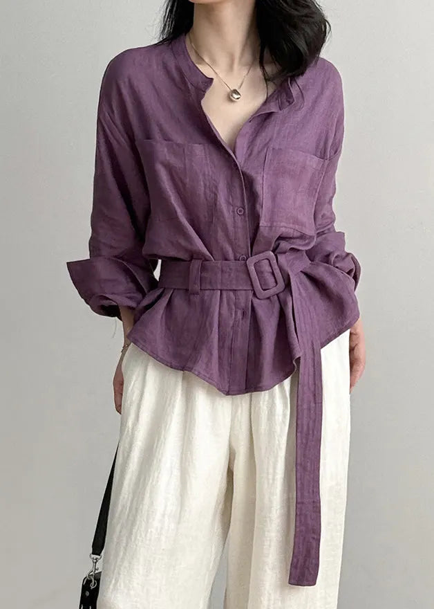 Purple Button Pockets Linen Shirt Top O Neck