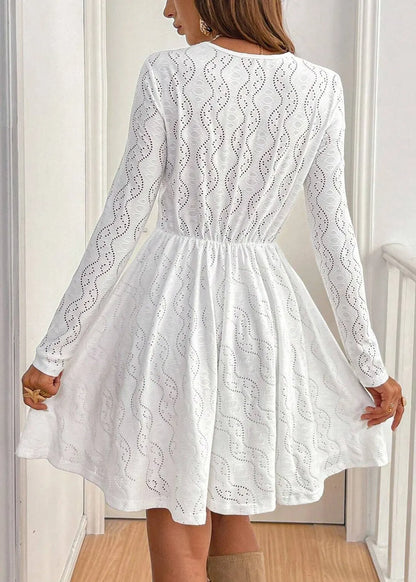 White V Neck Hollow Out Lace Dress Spring