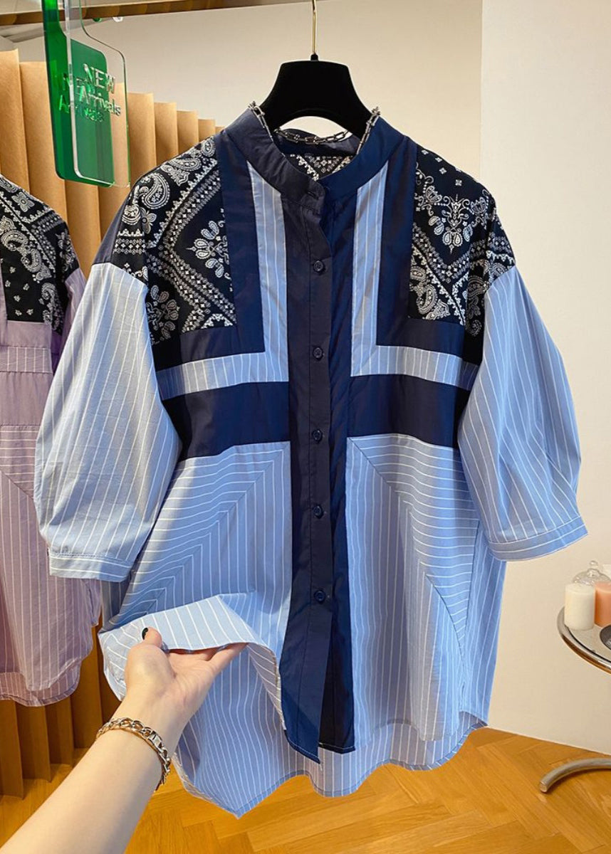 Blue Stand Collar Print Patchwork Shirt Fall