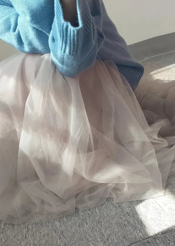 Italian White Patchwork Elastic Waist Tulle a Line Skirts