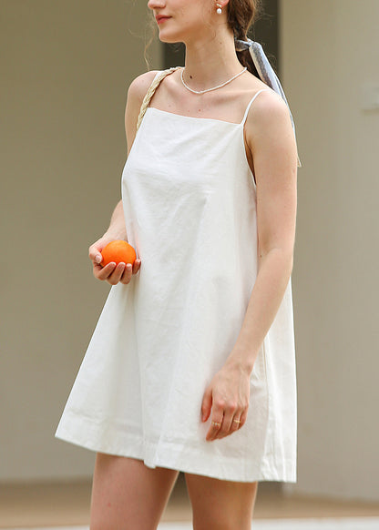 Stylish White Linen Mid Spaghetti Strap Dresssleeveless