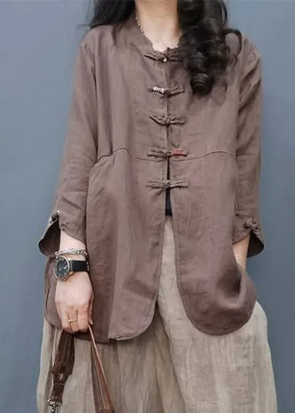Chocolate Mandarin Collar Button Cotton Linen Coat Long Sleeve